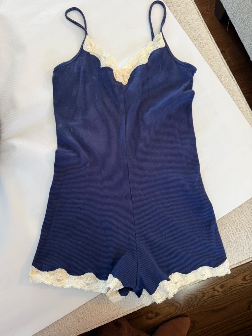 Petra Fashions Navy Ribbed Cami Top with Lace Trim